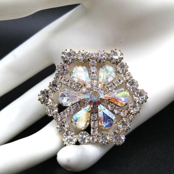 Vintage Aurora Borealis Rhinestone Brooch, Wedding Pin, Mid-Century, 1 7/8 Inch - Picture 2 of 10